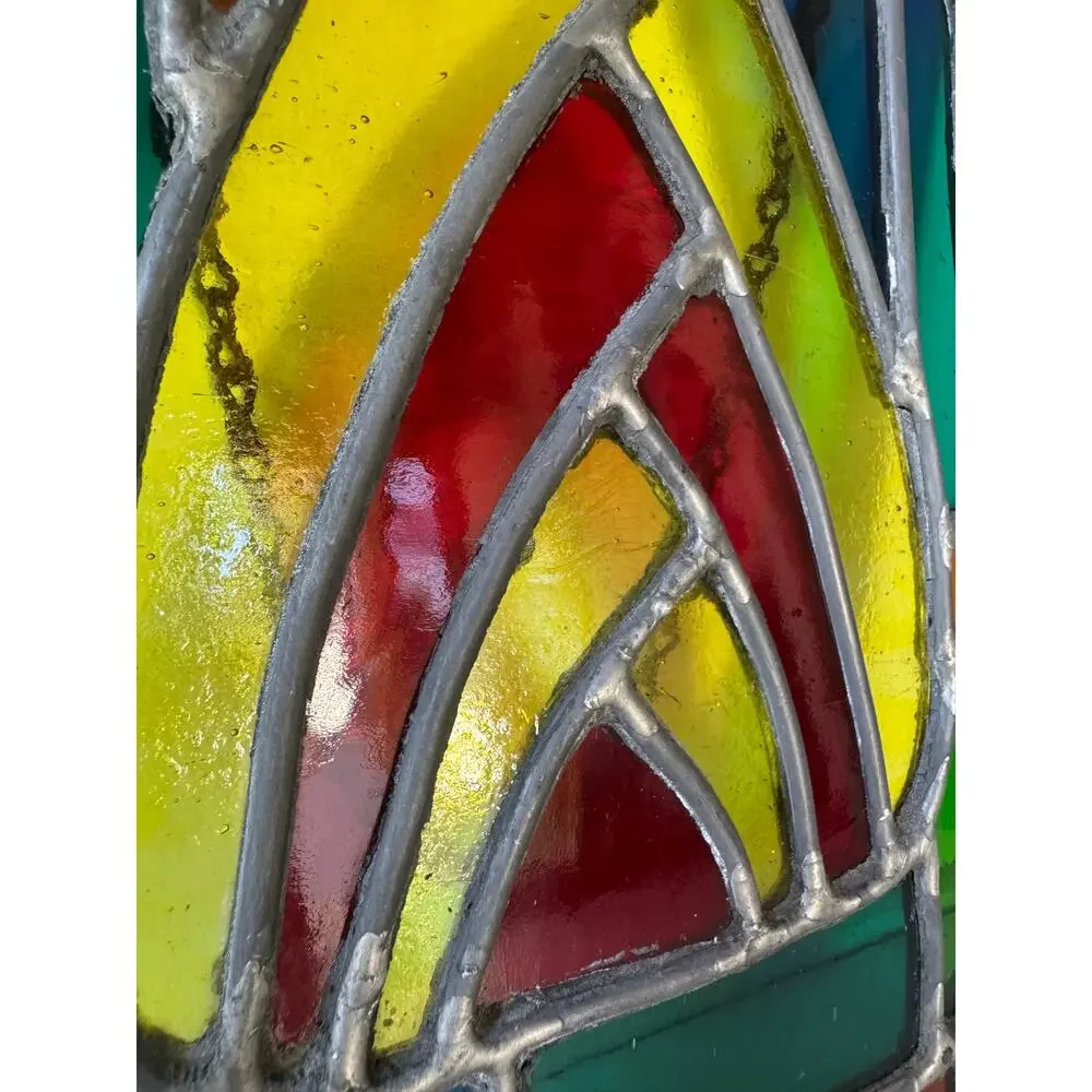 Vintage Leaded Stained Glass Window Panel Art Deco Style Geometric Hanging